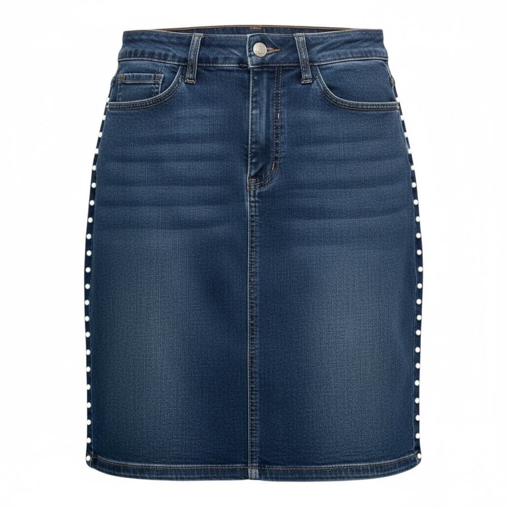 Style Me Denim Pencil Skirt Studded Side Trim Stretch Blue Jean Skirt Size 4